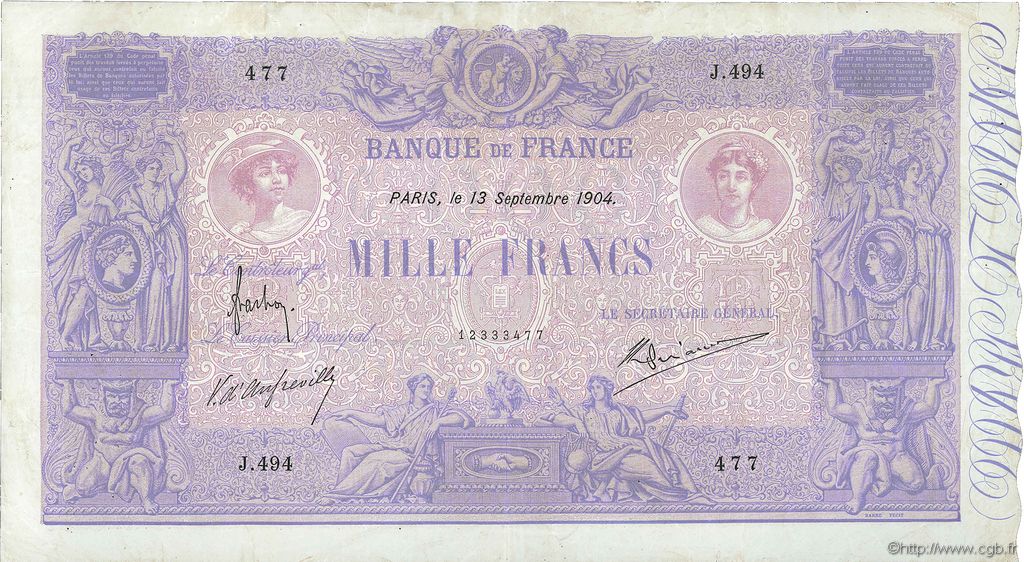 1000 Francs BLEU ET ROSE FRANCE  1904 F.36.18 TB