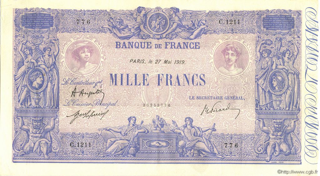 1000 Francs BLEU ET ROSE FRANCE  1919 F.36.34 SUP