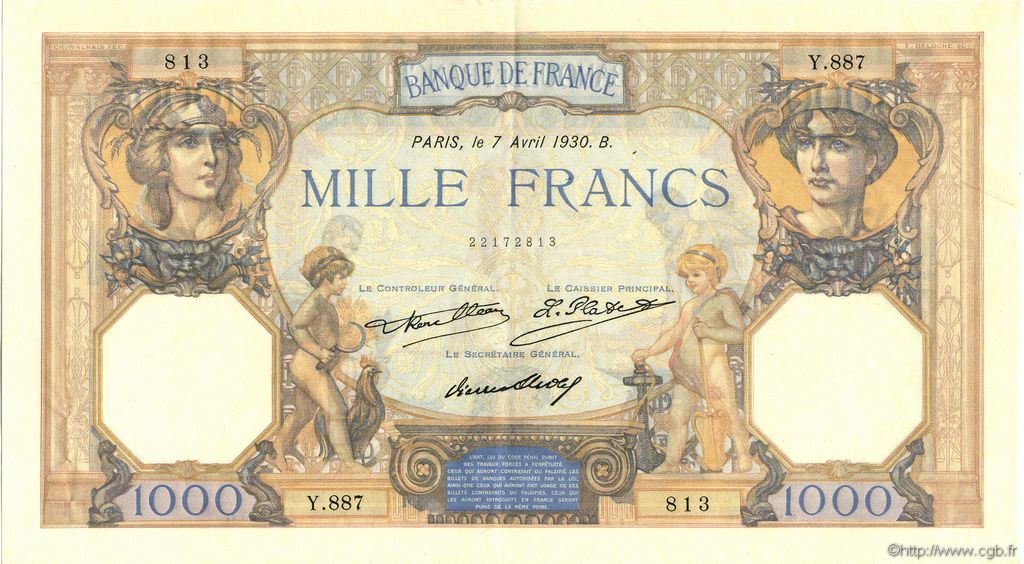 1000 Francs CÉRÈS ET MERCURE FRANCE  1930 F.37.05 SUP à SPL