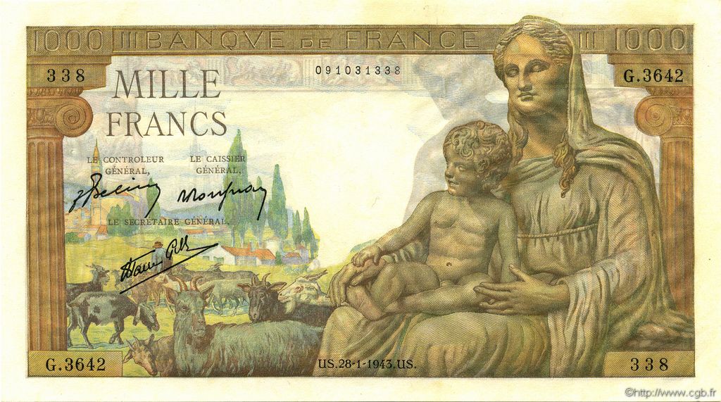 1000 Francs DÉESSE DÉMÉTER FRANCE  1943 F.40.17 SPL