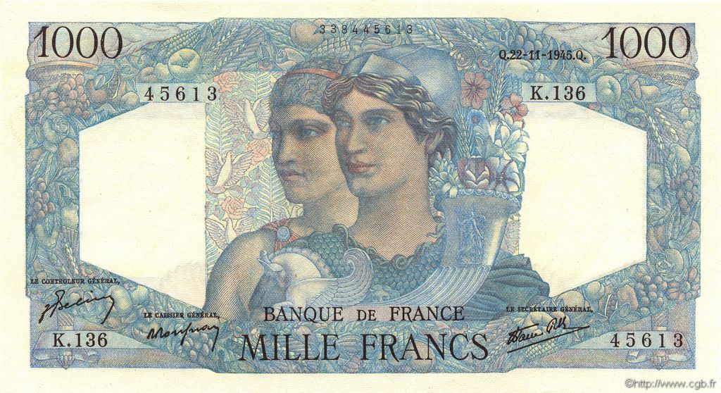 1000 Francs MINERVE ET HERCULE FRANCE  1945 F.41.08 pr.NEUF