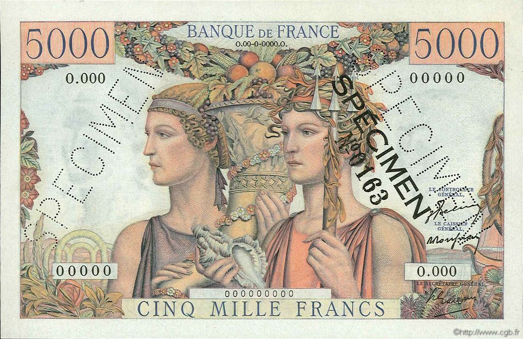 5000 Francs TERRE ET MER FRANCE  1949 F.48.01Spn NEUF