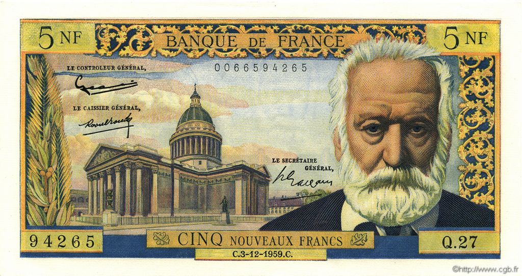 5 Nouveaux Francs VICTOR HUGO FRANCIA 1959 F.56.04 FDC