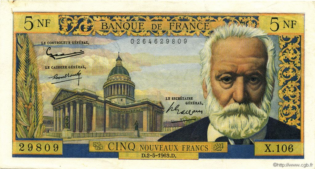 5 Nouveaux Francs VICTOR HUGO FRANCE  1963 F.56.14 pr.SUP