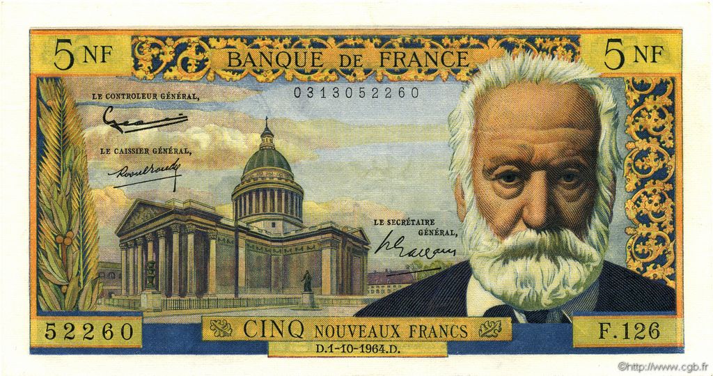 5 Nouveaux Francs VICTOR HUGO FRANCE  1964 F.56.16 SPL+
