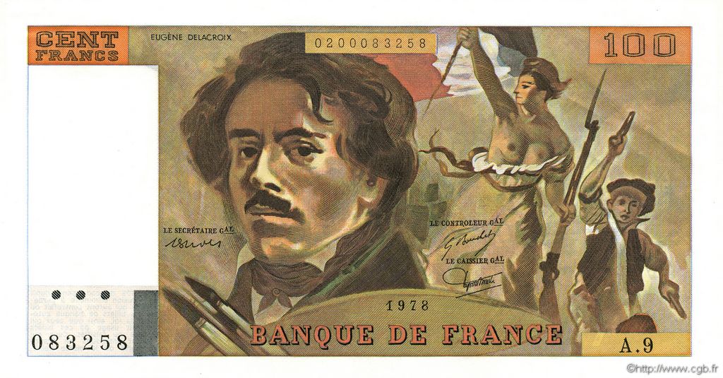 100 Francs DELACROIX modifié FRANCE  1978 F.69.01h NEUF