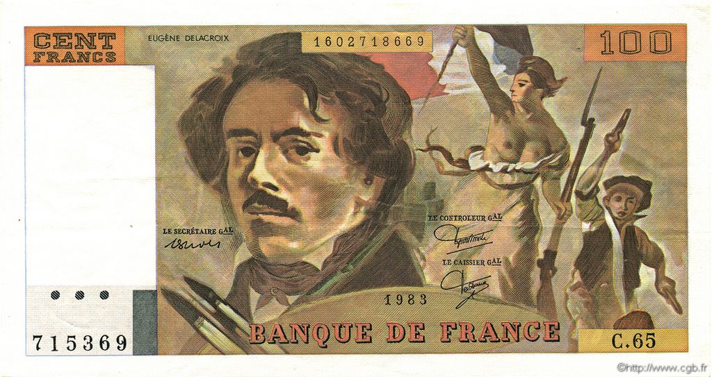 100 Francs DELACROIX modifié FRANCE  1983 F.69.07 SUP+