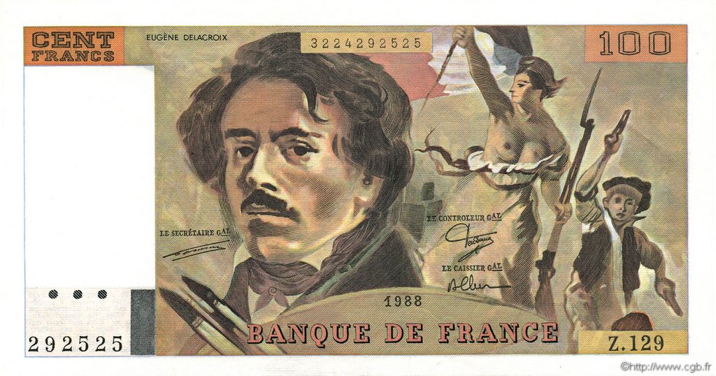 100 Francs DELACROIX modifié FRANCE  1988 F.69.12 SPL