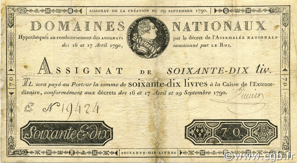 70 Livres FRANCE  1790 Ass.06a TB+