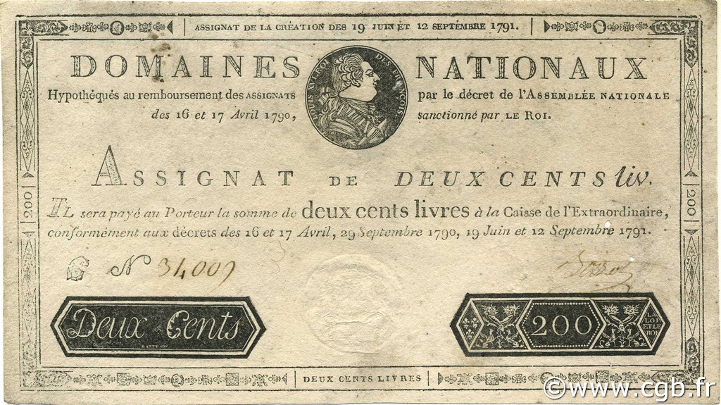 200 Livres FRANCE  1791 Ass.17a SUP