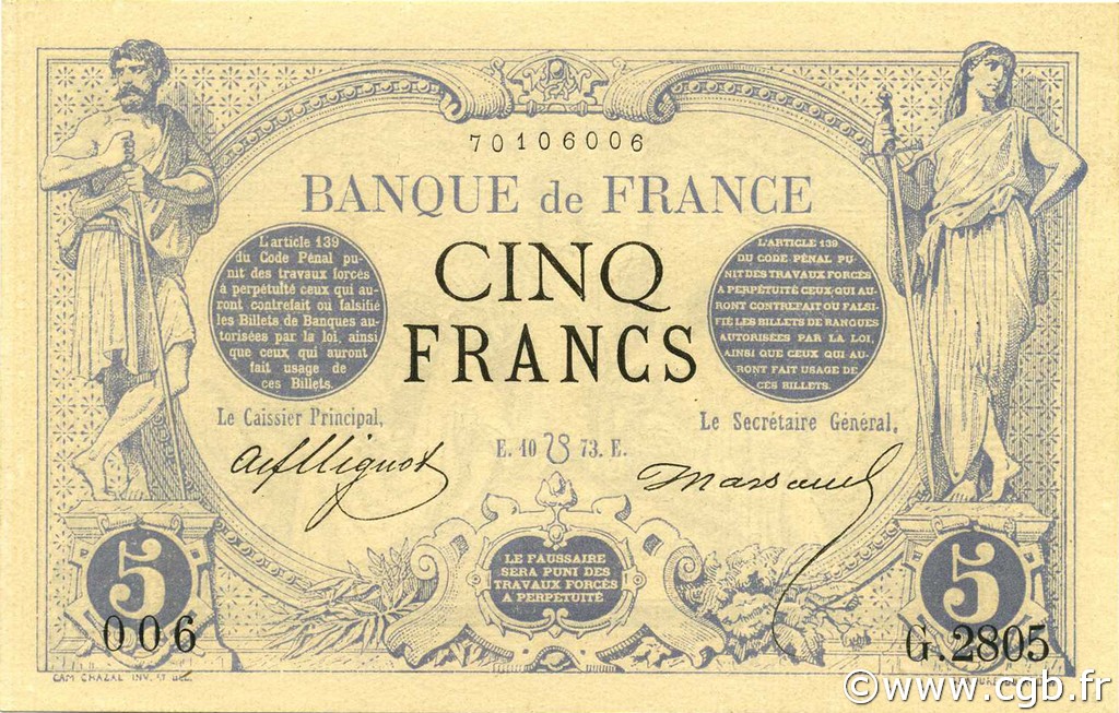 5 Francs NOIR FRANCE  1873 F.01.20 NEUF