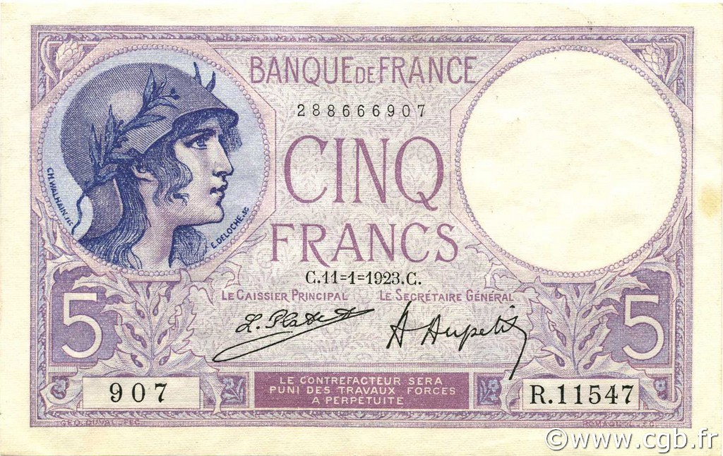 5 Francs FEMME CASQUÉE FRANCE  1923 F.03.07 SUP+