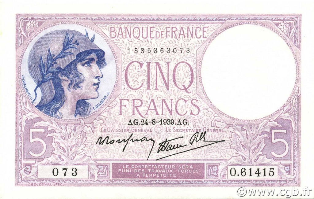 5 Francs FEMME CASQUÉE modifié FRANCE  1939 F.04.07 NEUF