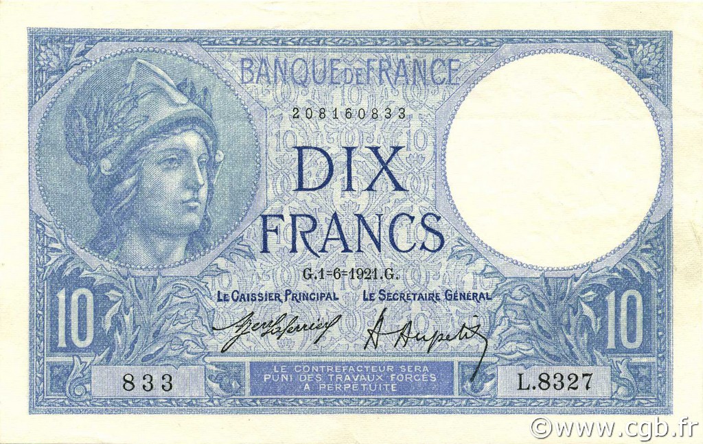 10 Francs MINERVE FRANCE  1921 F.06.05 pr.SUP