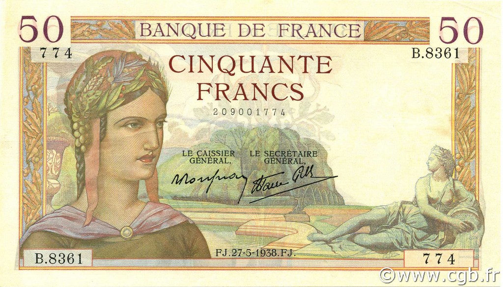 50 Francs CÉRÈS modifié FRANCE  1938 F.18.13 SUP+
