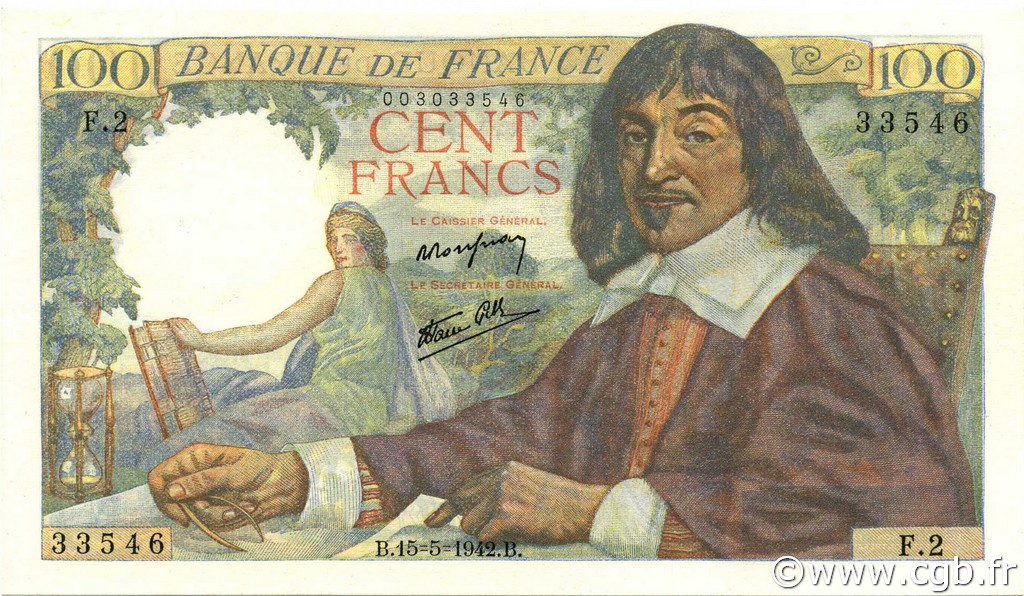 100 Francs DESCARTES FRANCE  1942 F.27.01 NEUF