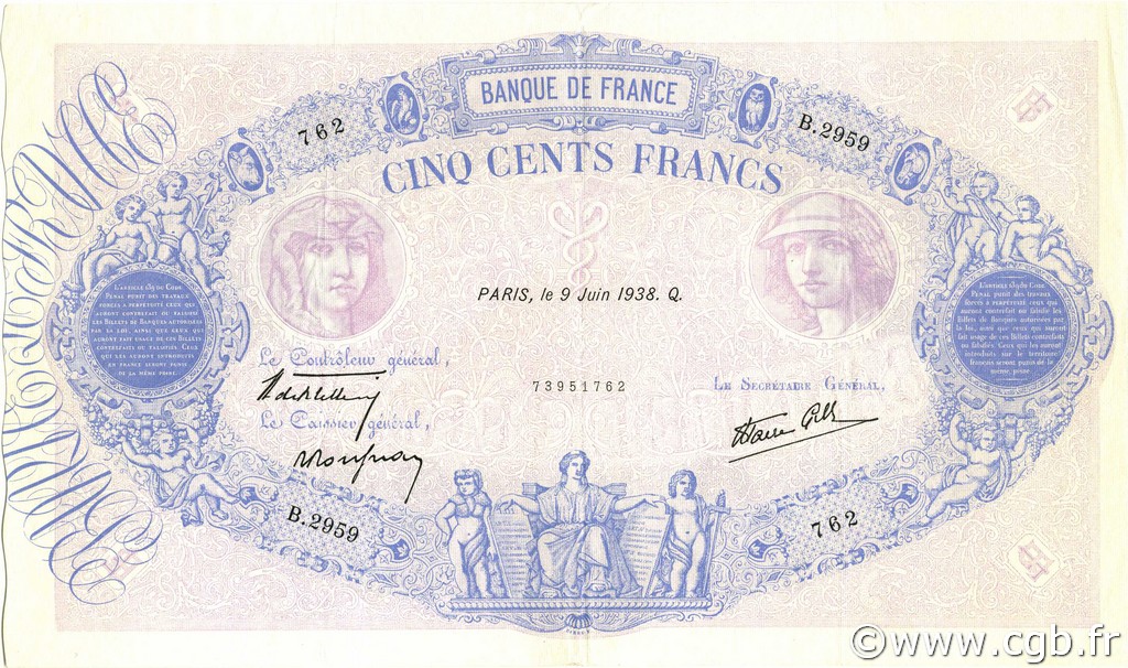 500 Francs BLEU ET ROSE modifié FRANCE  1938 F.31.14 XF