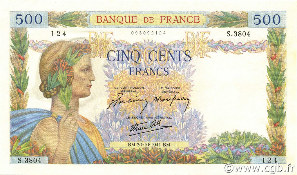 500 Francs LA PAIX FRANCE  1941 F.32.23 NEUF