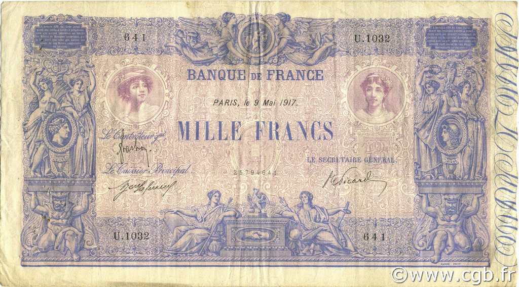1000 Francs BLEU ET ROSE FRANCE  1917 F.36.31 TB à TTB