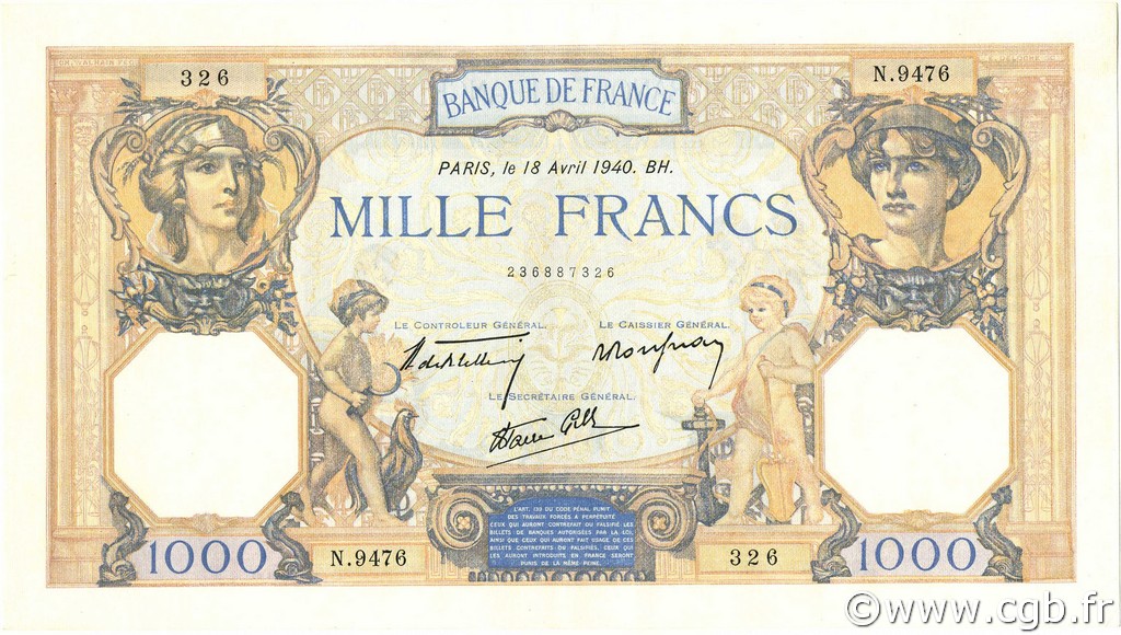 1000 Francs CÉRÈS ET MERCURE type modifié FRANCE  1940 F.38.46 SPL+