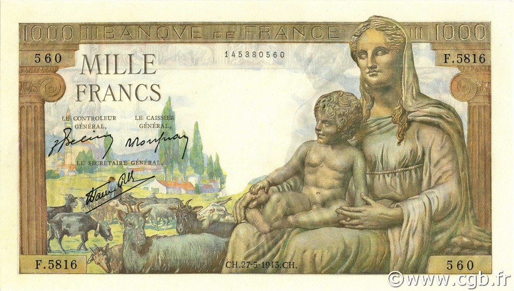 1000 Francs DÉESSE DÉMÉTER FRANCE  1943 F.40.25 SPL