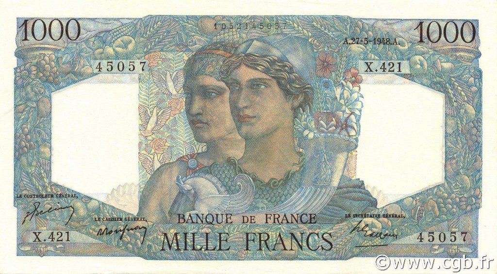 1000 Francs MINERVE ET HERCULE FRANCE  1948 F.41.21 SPL