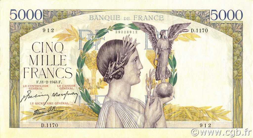 5000 Francs VICTOIRE Impression à plat FRANCE  1943 F.46.47 pr.SUP