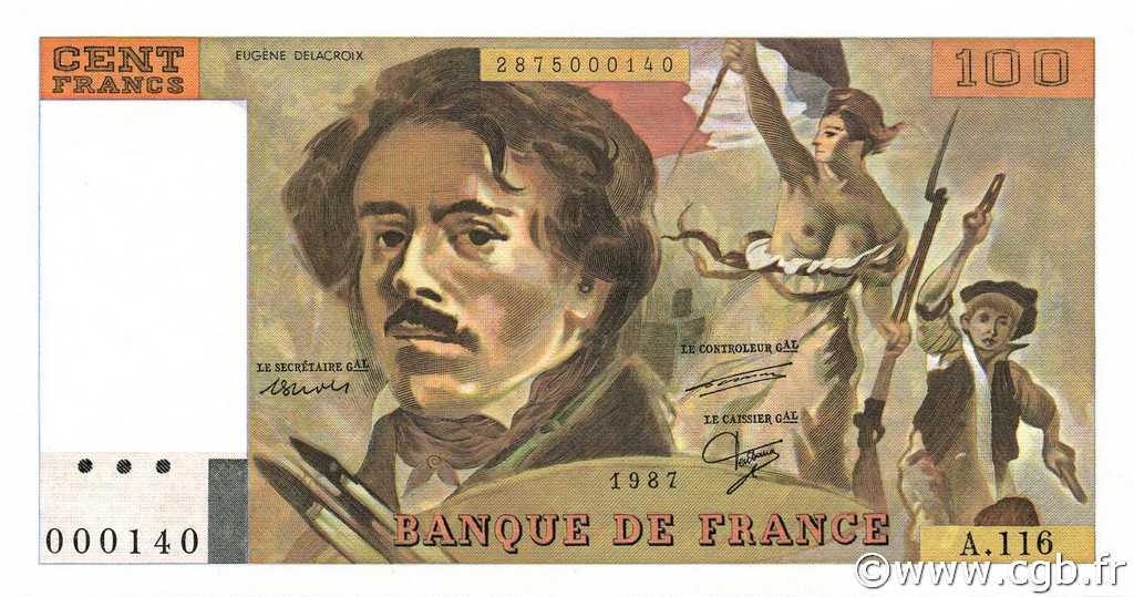 100 Francs DELACROIX modifié FRANCE  1987 F.69.11A116 NEUF