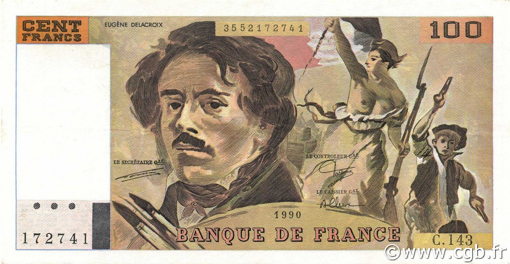 100 Francs DELACROIX imprimé en continu FRANCE 1990 F.69bis.01bC TTB à SUP