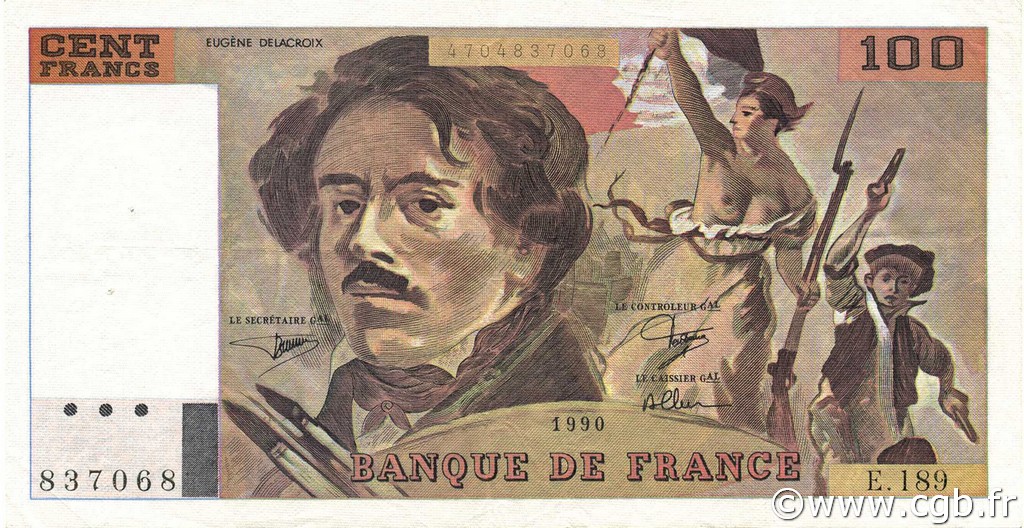 100 Francs DELACROIX imprimé en continu FRANCE  1990 F.69bis.02e2 TTB+ à SUP