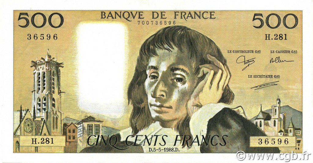 500 Francs PASCAL FRANCE  1988 F.71.39 SUP+
