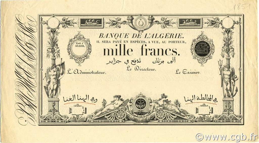 1000 Francs ALGÉRIE  1852 P.012s SUP+