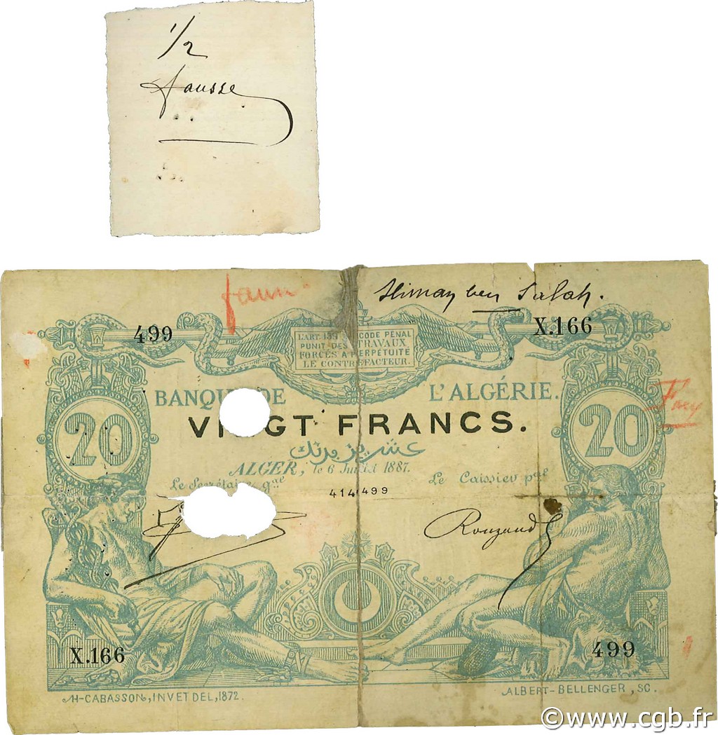 20 Francs Faux ALGÉRIE  1887 P.015x B+