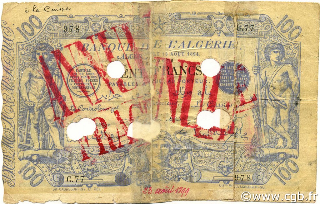 100 Francs Annulé ALGÉRIE  1894 P.018 B