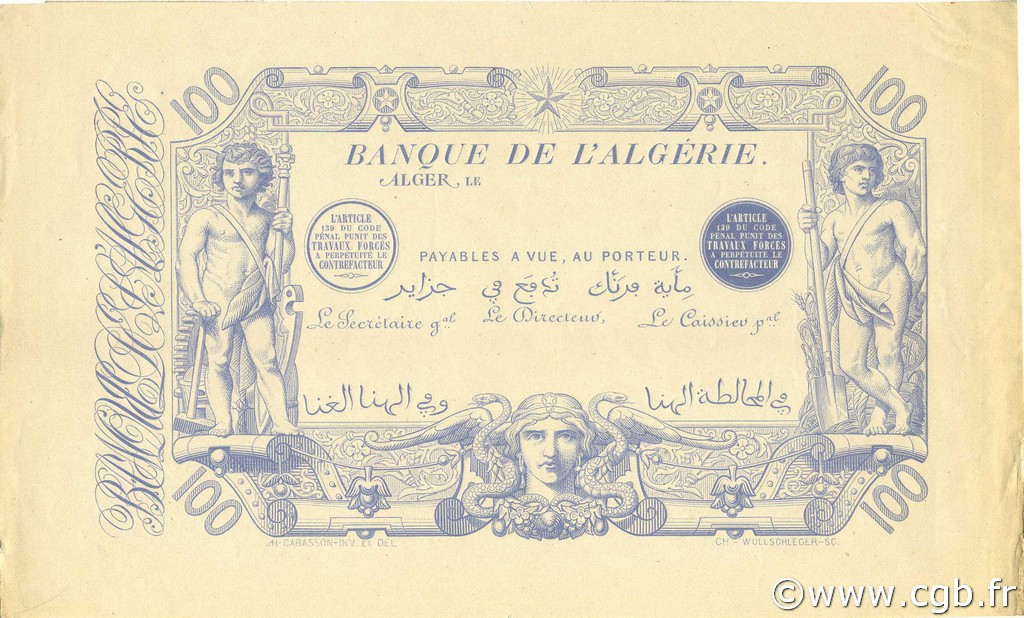 100 Francs ALGÉRIE  1874 P.018s pr.NEUF