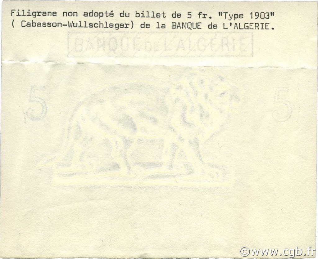 5 Francs ALGÉRIE  1903 P.071- SPL