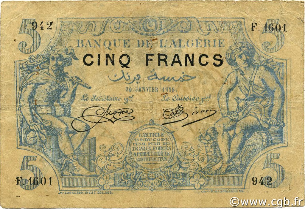 5 Francs ALGÉRIE  1918 P.071bx pr.TTB