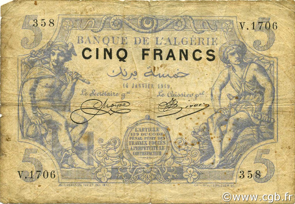 5 Francs ALGÉRIE  1919 P.071b pr.TB