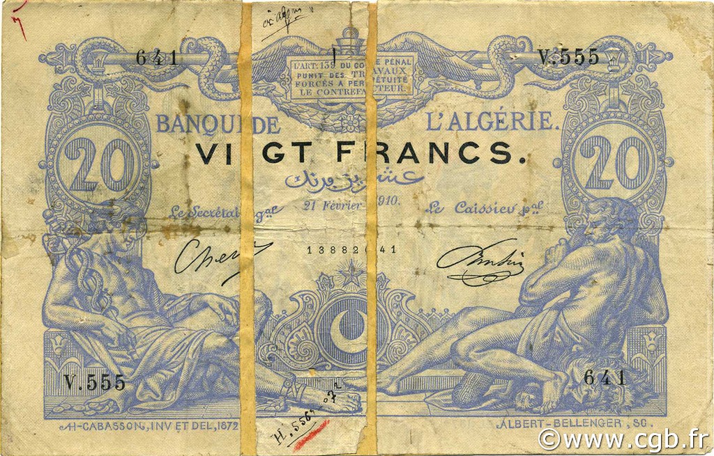 20 Francs ALGÉRIE  1910 P.072 B