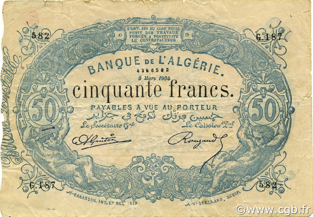 50 Francs Faux ALGÉRIE  1904 P.073x TB+