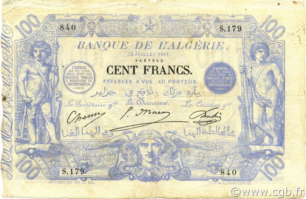 100 Francs ALGÉRIE  1911 P.074 pr.TB