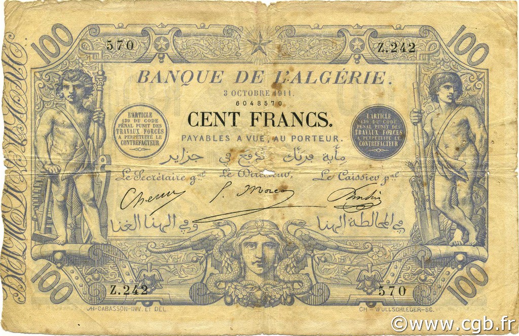 100 Francs ALGÉRIE  1911 P.074 B+