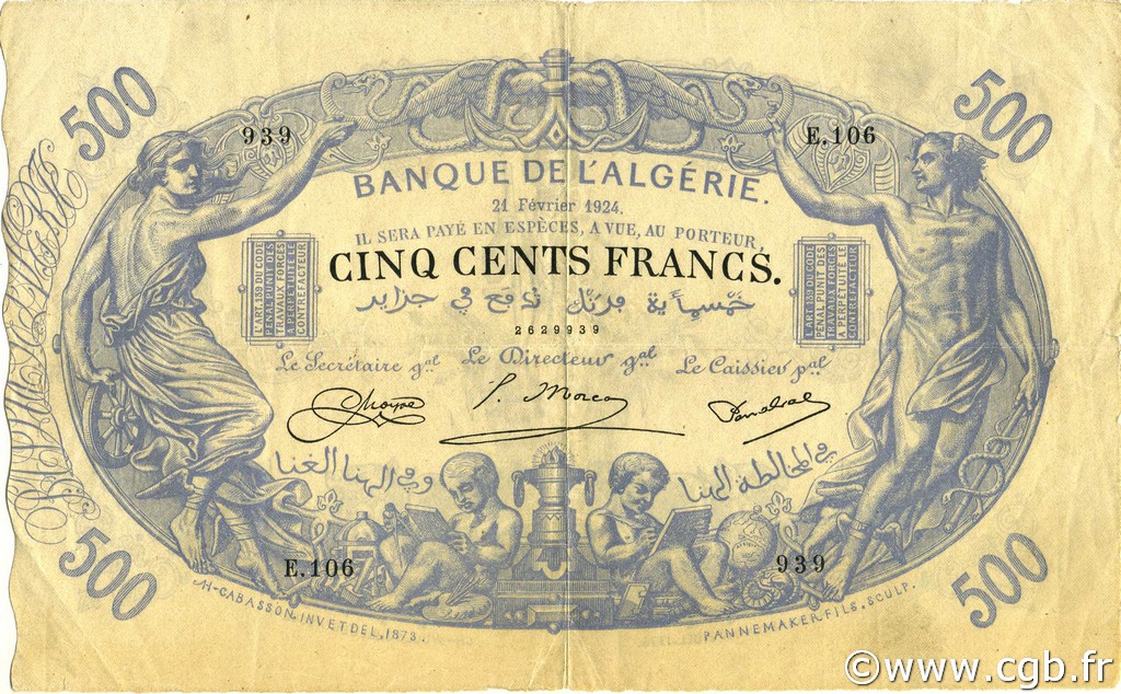 500 Francs ALGÉRIE  1924 P.075b TTB+