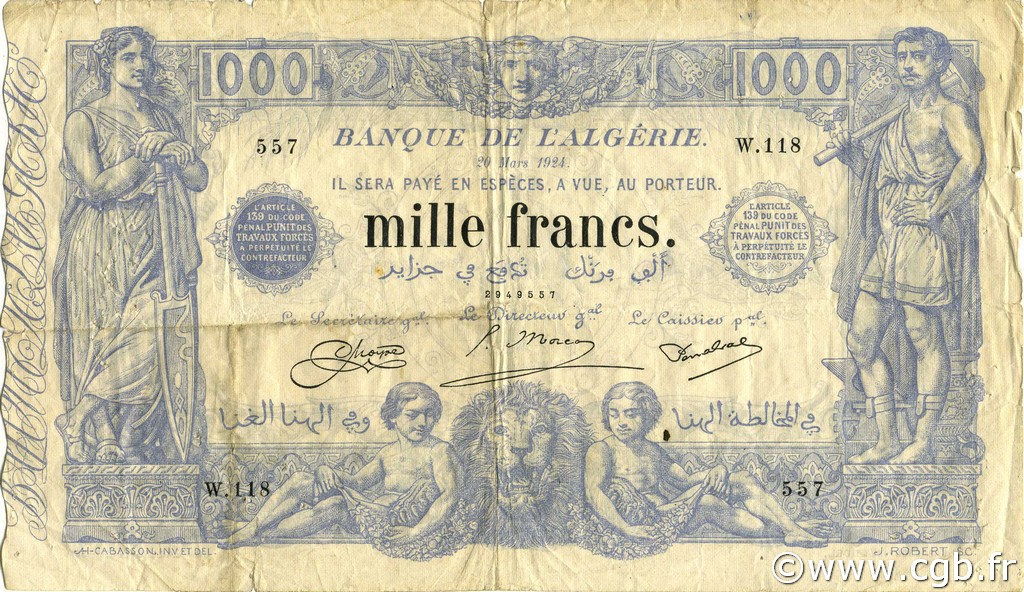 1000 Francs ALGÉRIE  1924 P.076b TB+