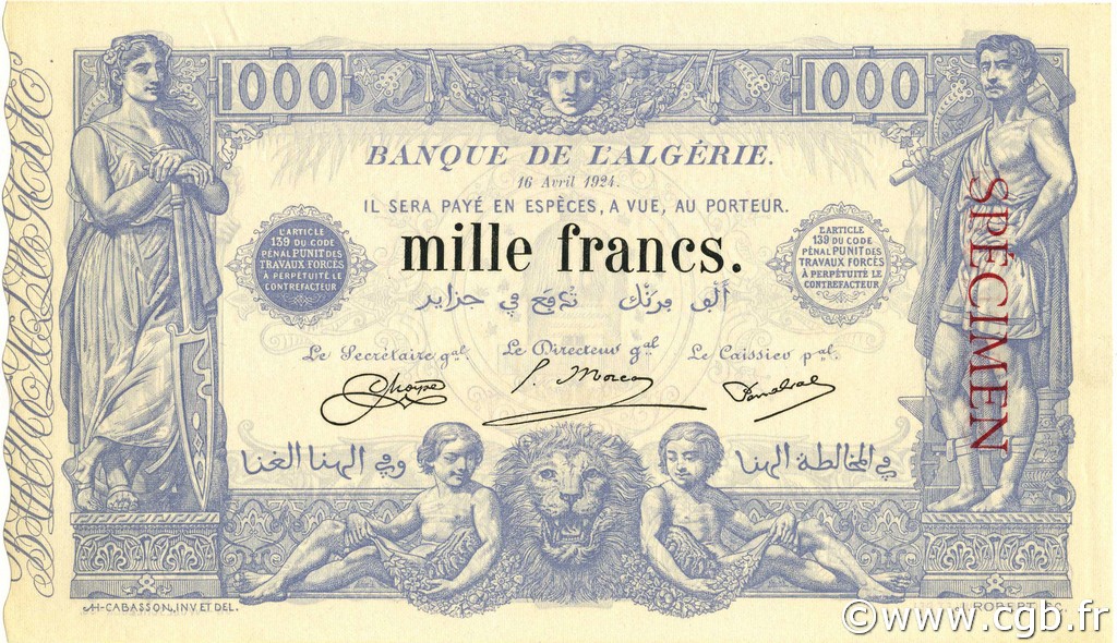 1000 Francs ALGÉRIE  1924 P.076s pr.NEUF