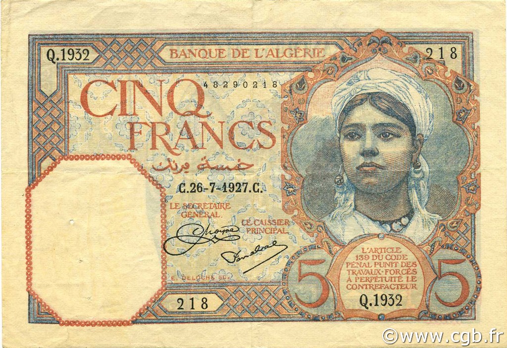5 Francs ALGÉRIE  1927 P.077a TTB+