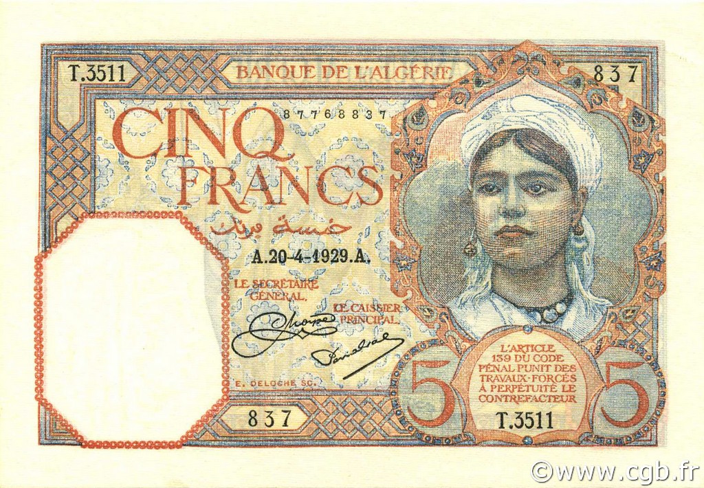 5 Francs ALGÉRIE  1929 P.077a pr.NEUF