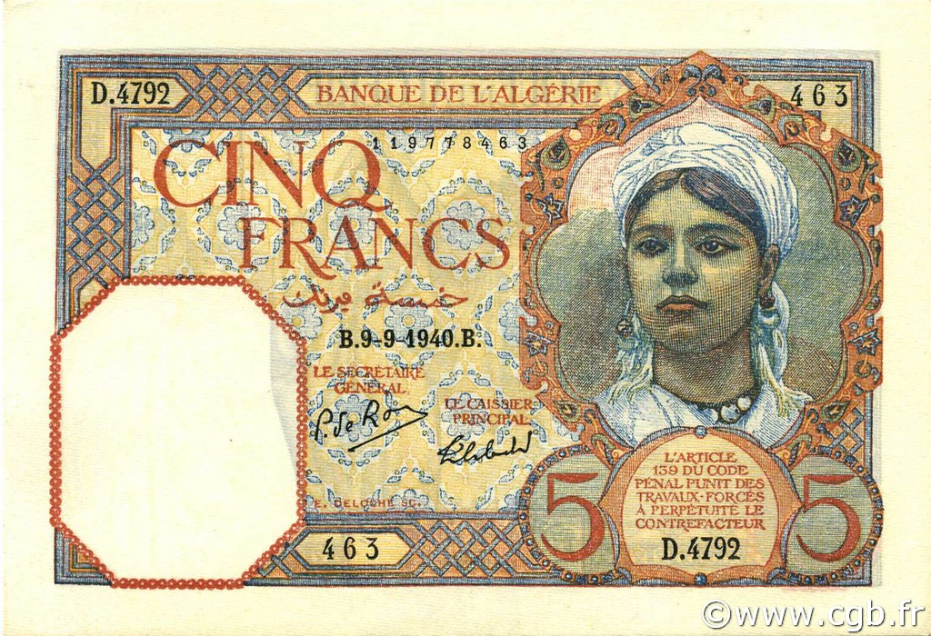 5 Francs ALGÉRIE  1940 P.077a SPL
