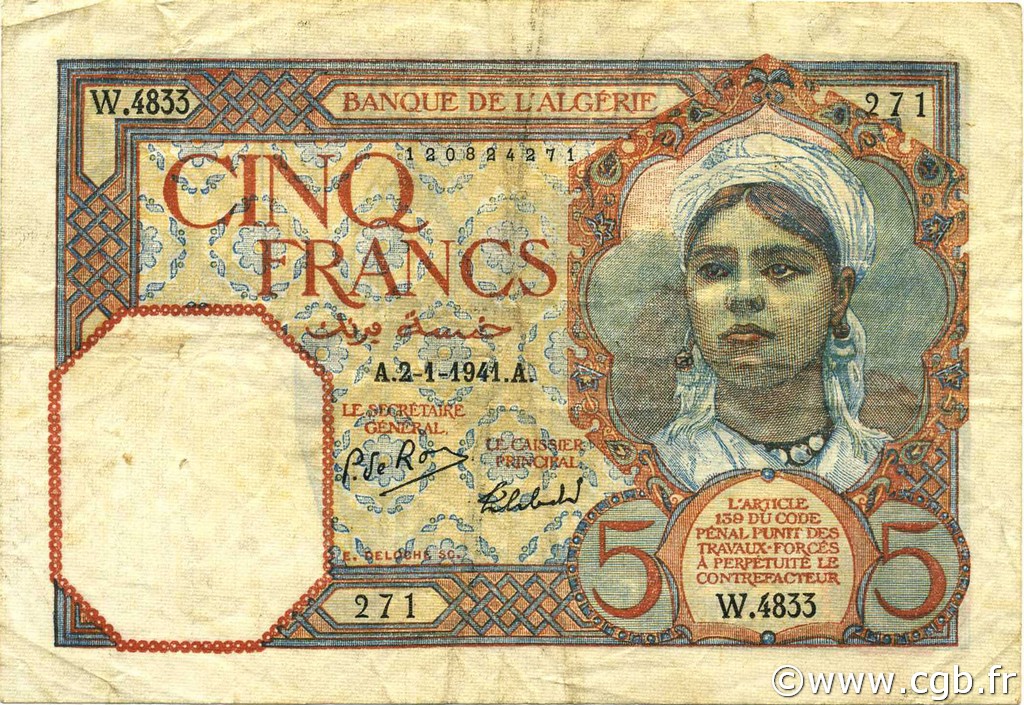 5 Francs ALGÉRIE  1941 P.077a TTB