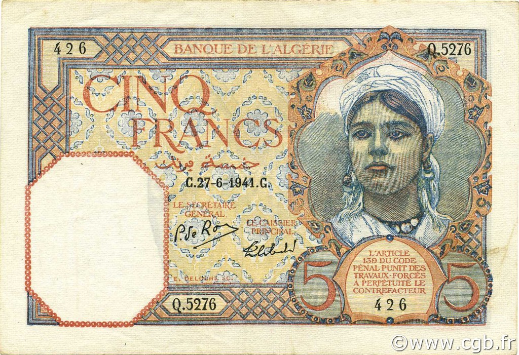 5 Francs ALGÉRIE  1941 P.077b TTB à SUP